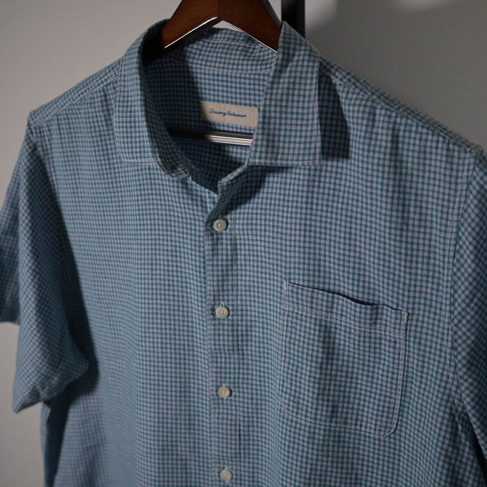 Tommy‎ Bahama Mens XXL $148. Linen Cotton Gingham Short Sleeve Button up Teal